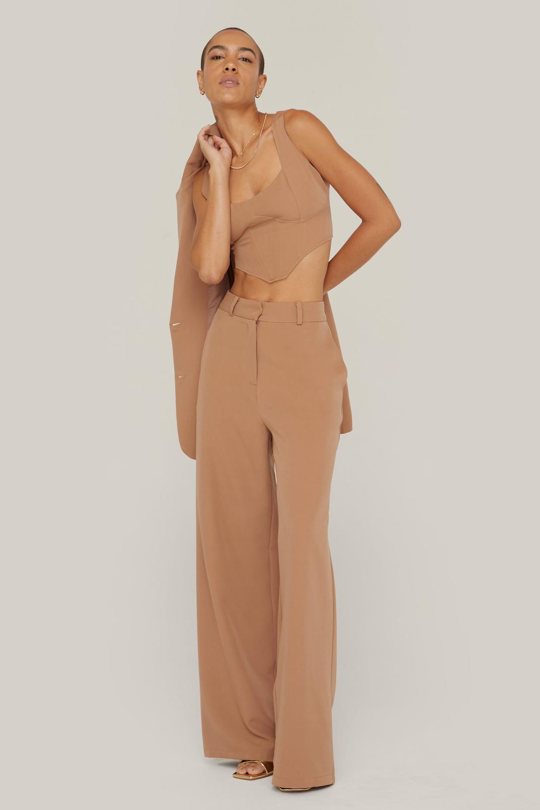 Camel Tailored Pleat Front Wide Leg Suit Trousers image number 1