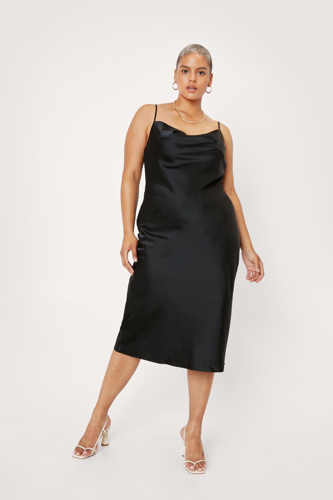Black Plus Size Satin Midi Slip Dress image number 1