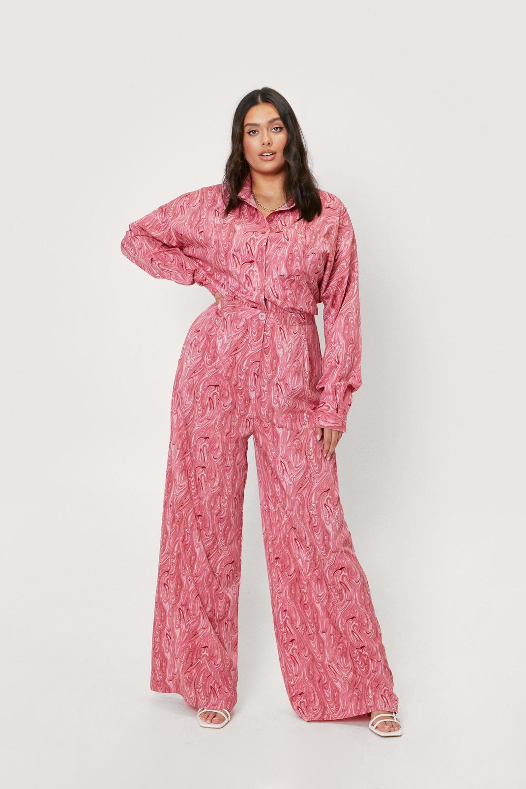 Pink Plus Size Marble Print Trouser Co-ord image number 1