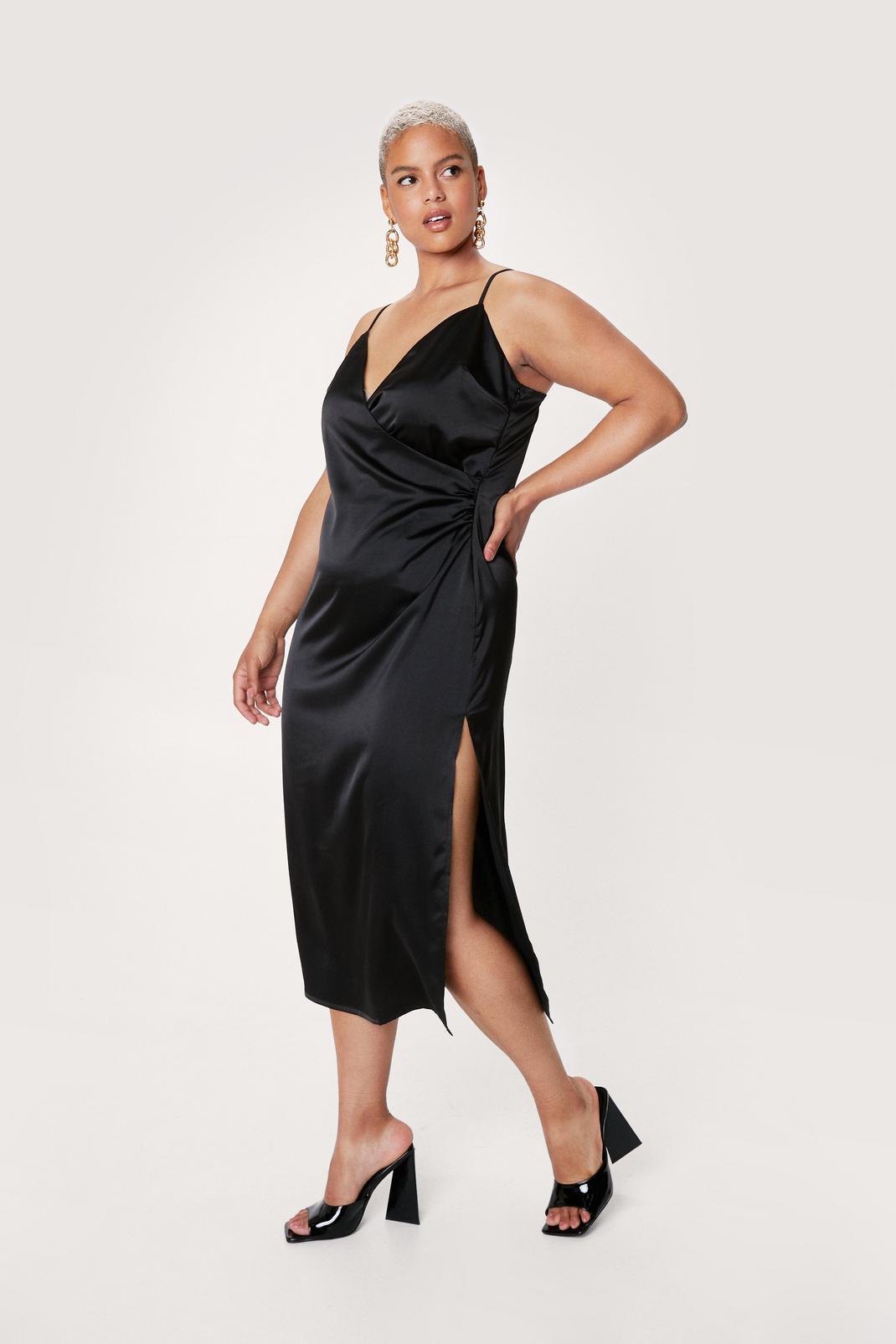 Black Plus Size Wrap Strappy Satin Midi Dress image number 1