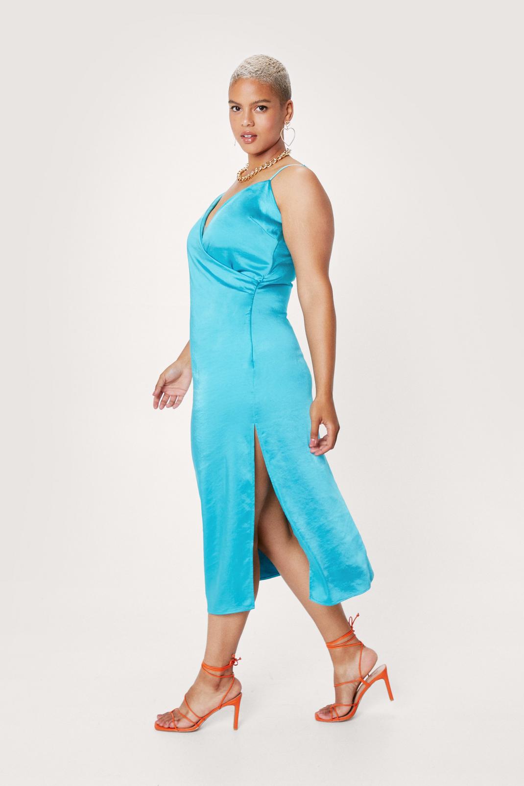 Teal Plus Size Wrap Strappy Satin Midi Dress image number 1