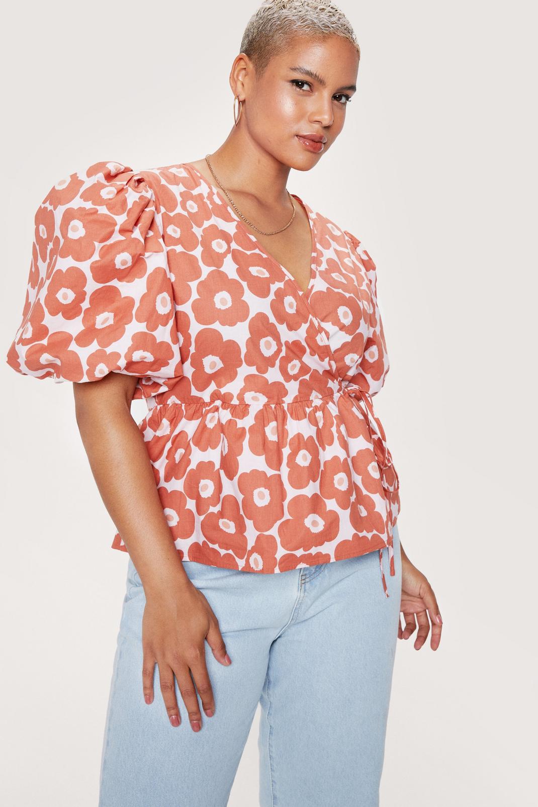Red Plus Size Floral Wrap Puff Sleeve Top image number 1
