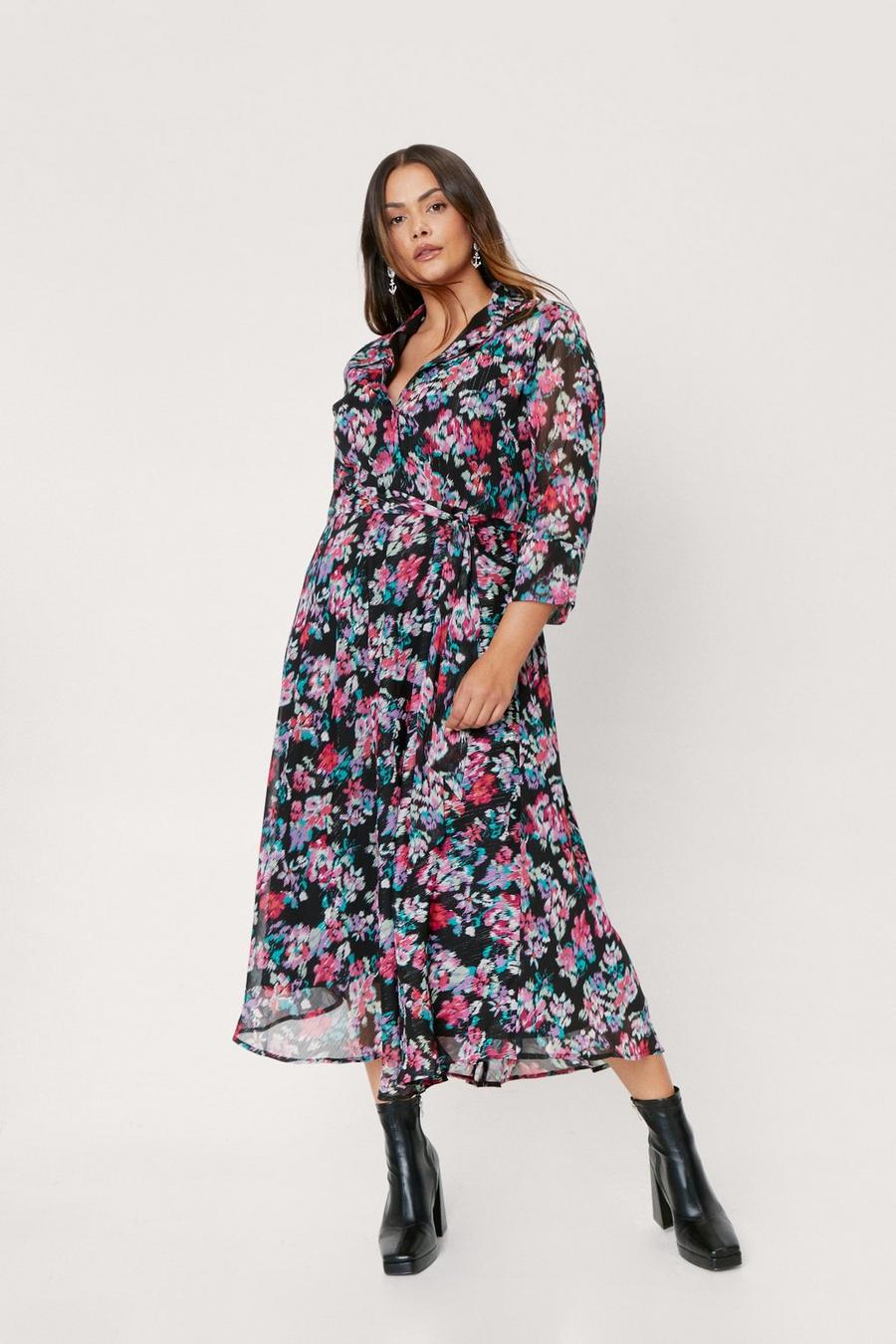 Plus Size Floral Belted Maxi Shirt Dress