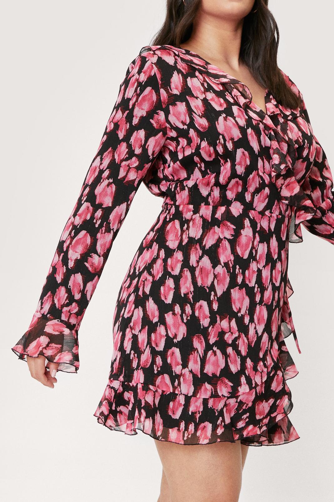 105 Plus Size Pink Animal Print Ruffle Wrap Dress image number 2