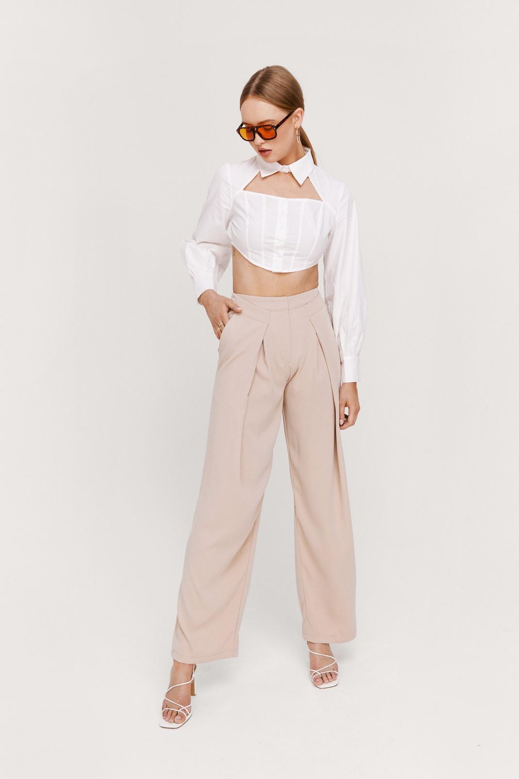 Beige High Waisted Pleat Detail Straight Leg Trousers image number 1