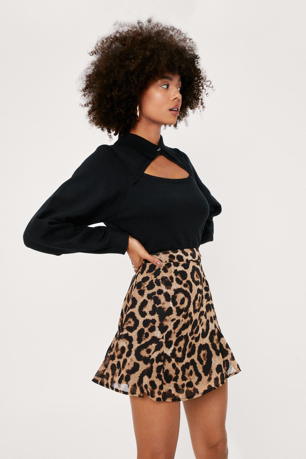 Mini jupe volantée à imprimé léopard, Brown image number 1