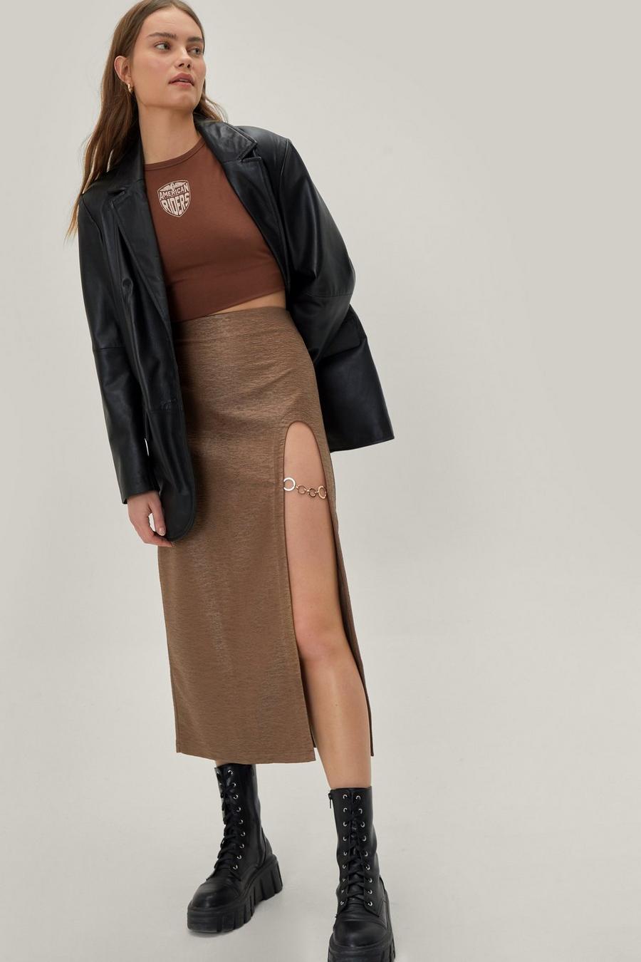 Textured Chain Leg Slit Midi Skirt