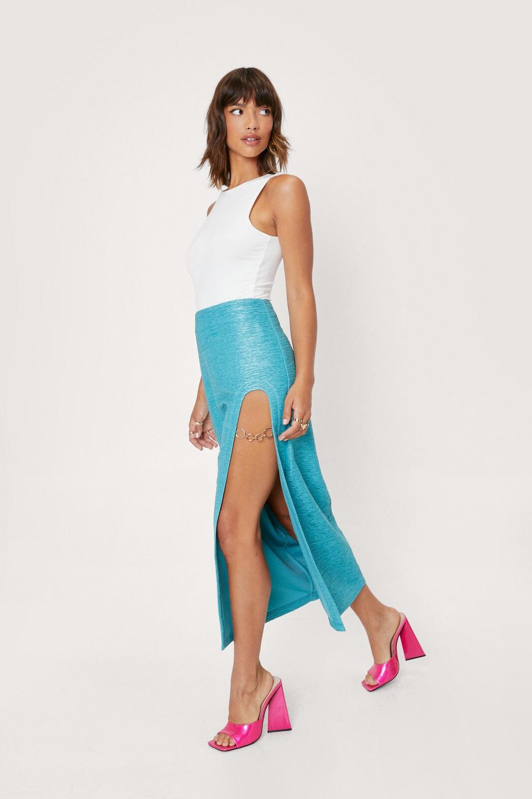 Turquoise Textured Chain Midi Slit Skirt image number 1