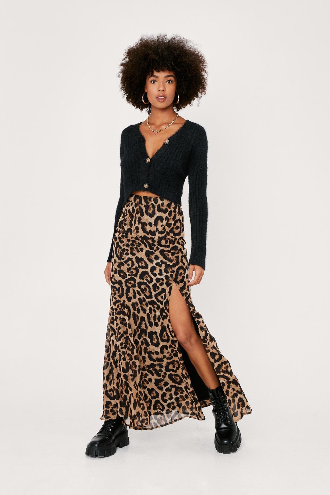 Brown Leopard Print Chiffon Maxi Skirt image number 1