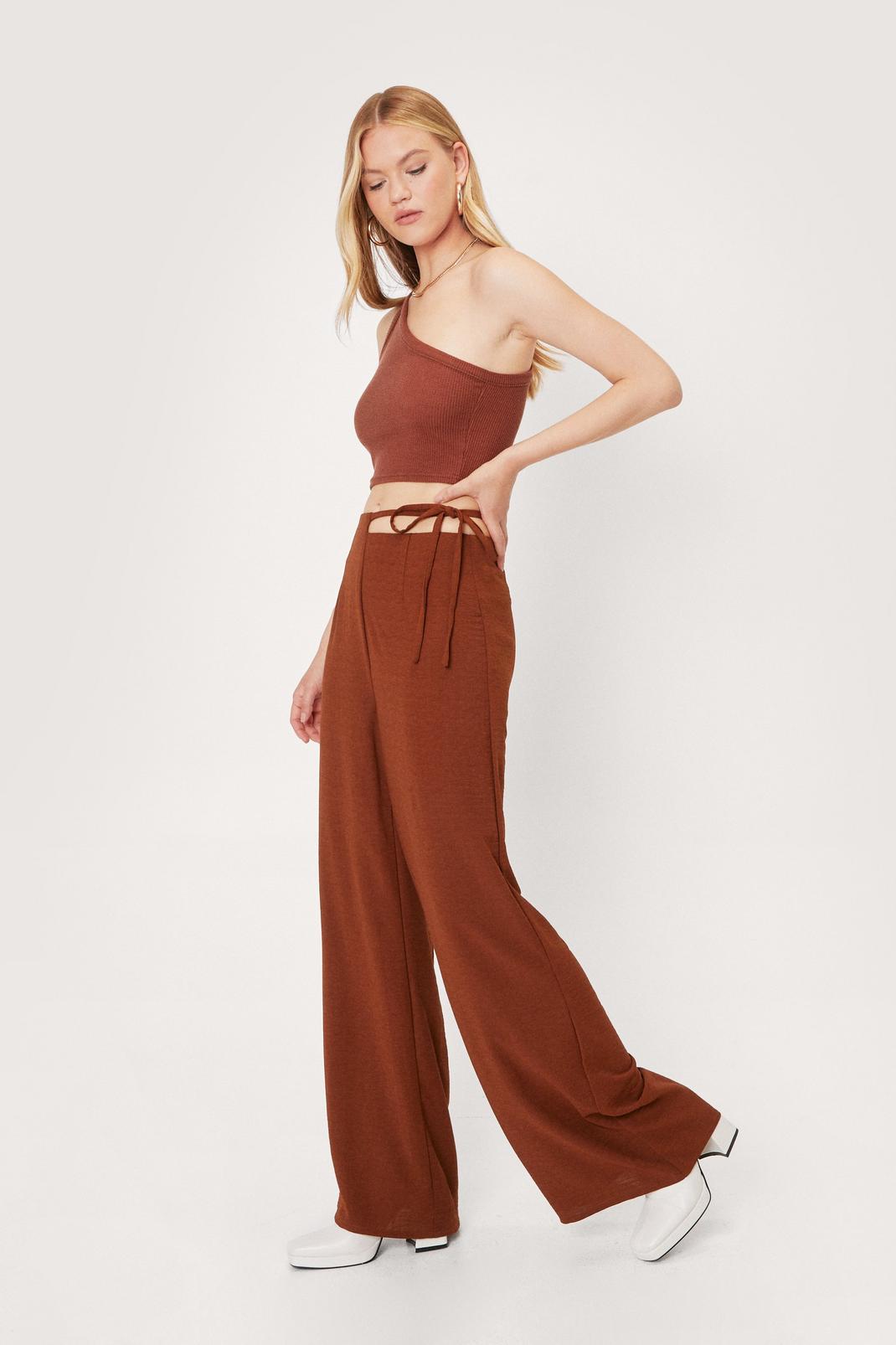 Chocolate Strappy Tie Side Woven Wide Leg Trousers image number 1