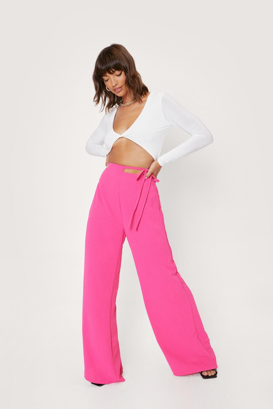 Hot pink Strappy Tie Side Woven Wide Leg Trousers image number 1