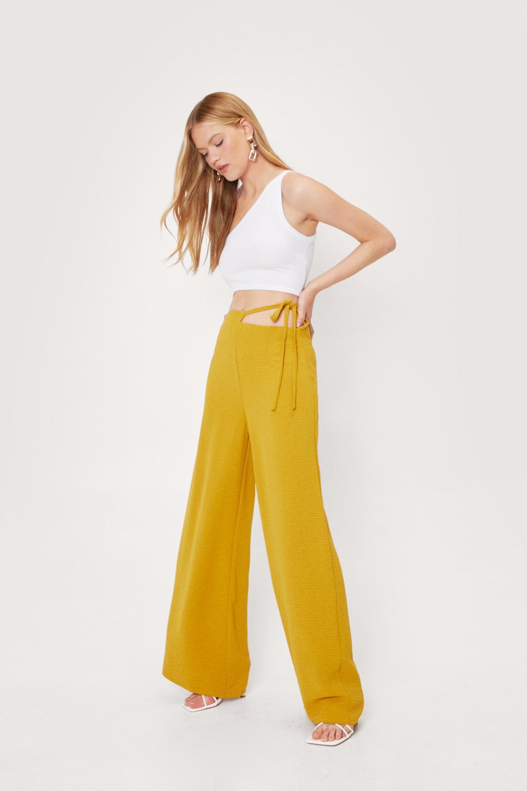 Ochre Strappy Tie Side Woven Wide Leg Trousers image number 1