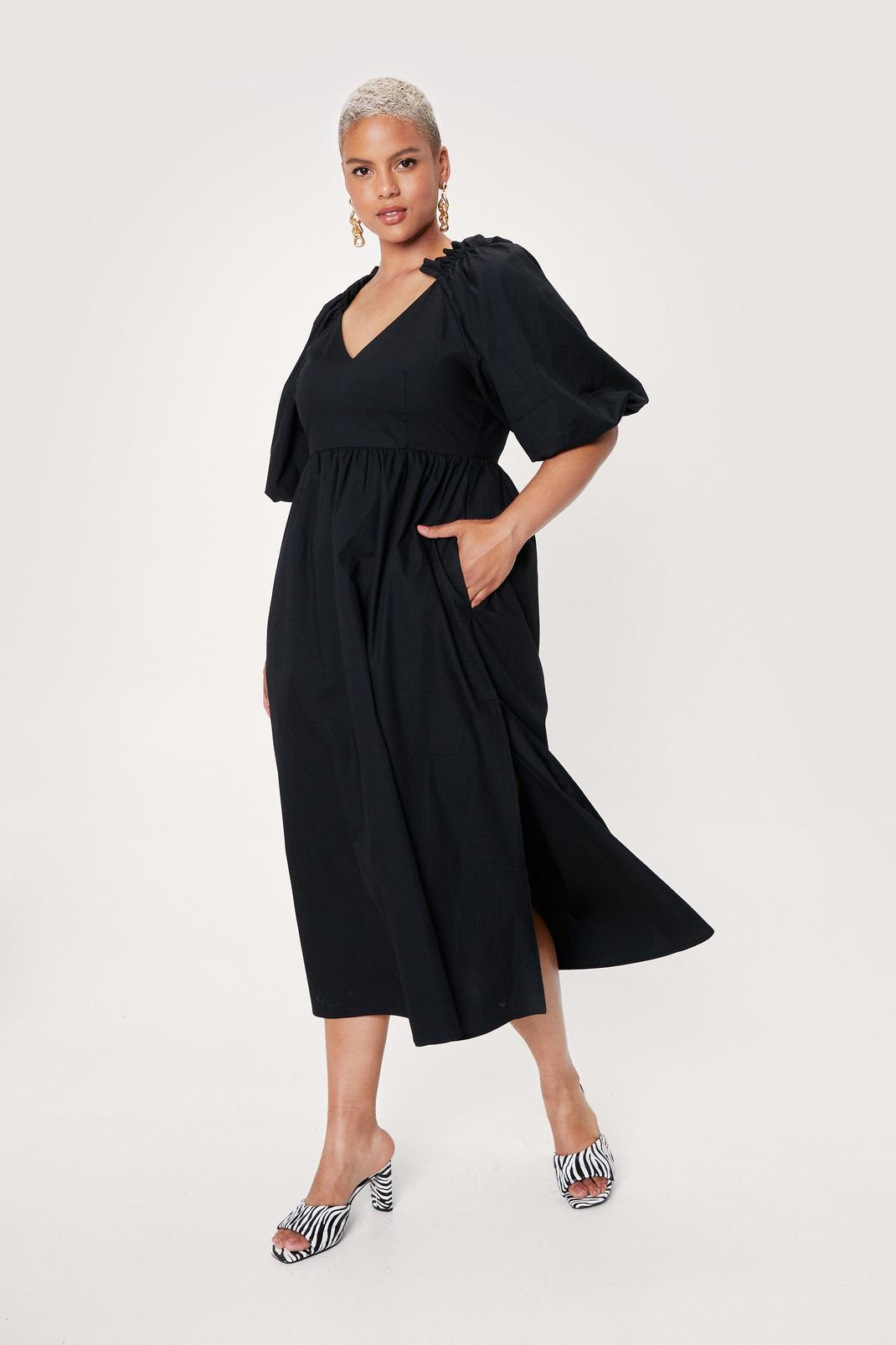 Black Plus Size Puff Sleeve Midi Smock Dress image number 1