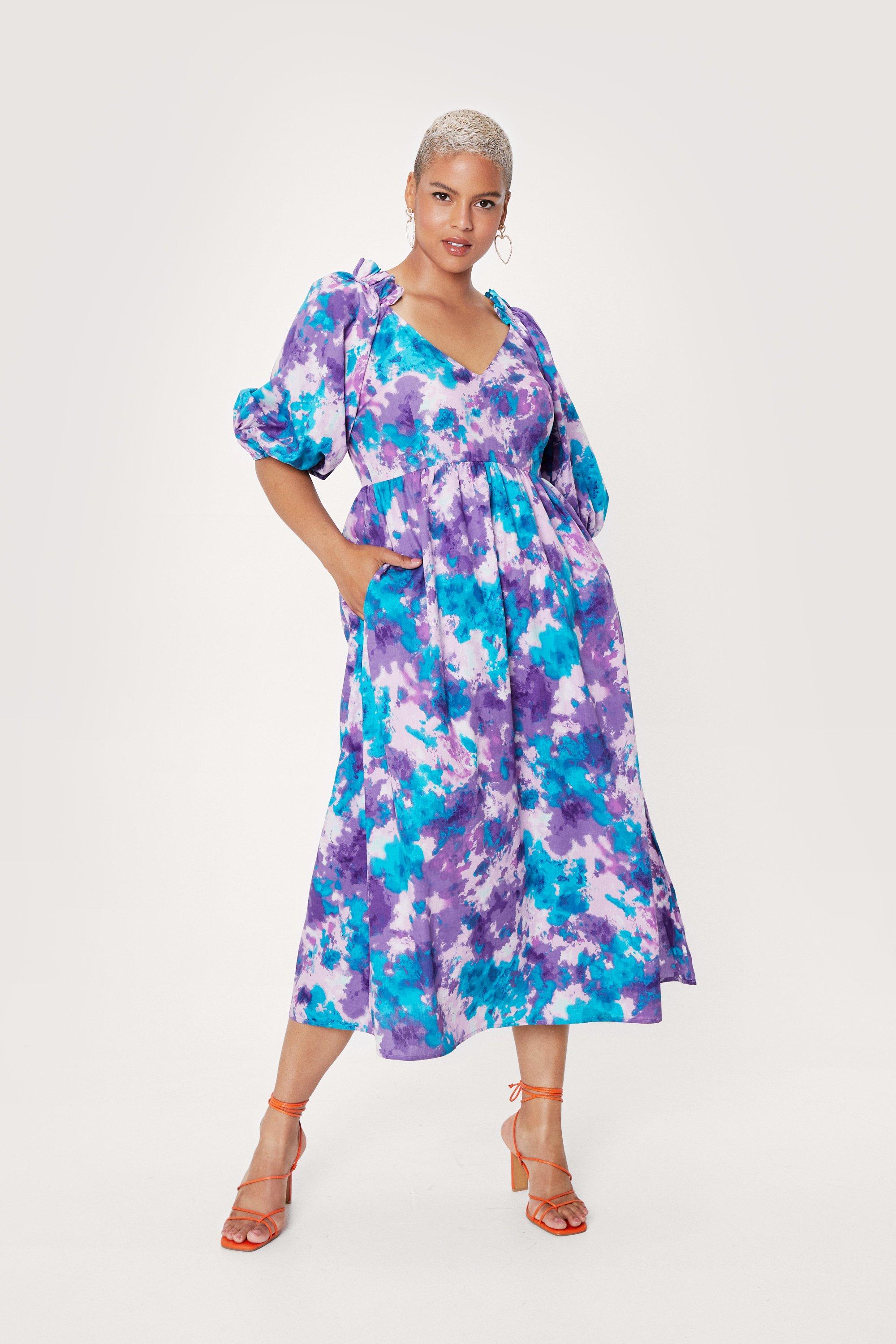 Blue Abstract Print Puff Sleeve Tiered Wrap Midi Dress