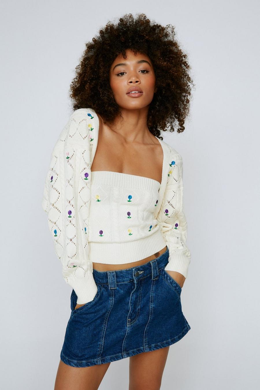 Embroidered Floral Knit Cardigan and Crop Top Set