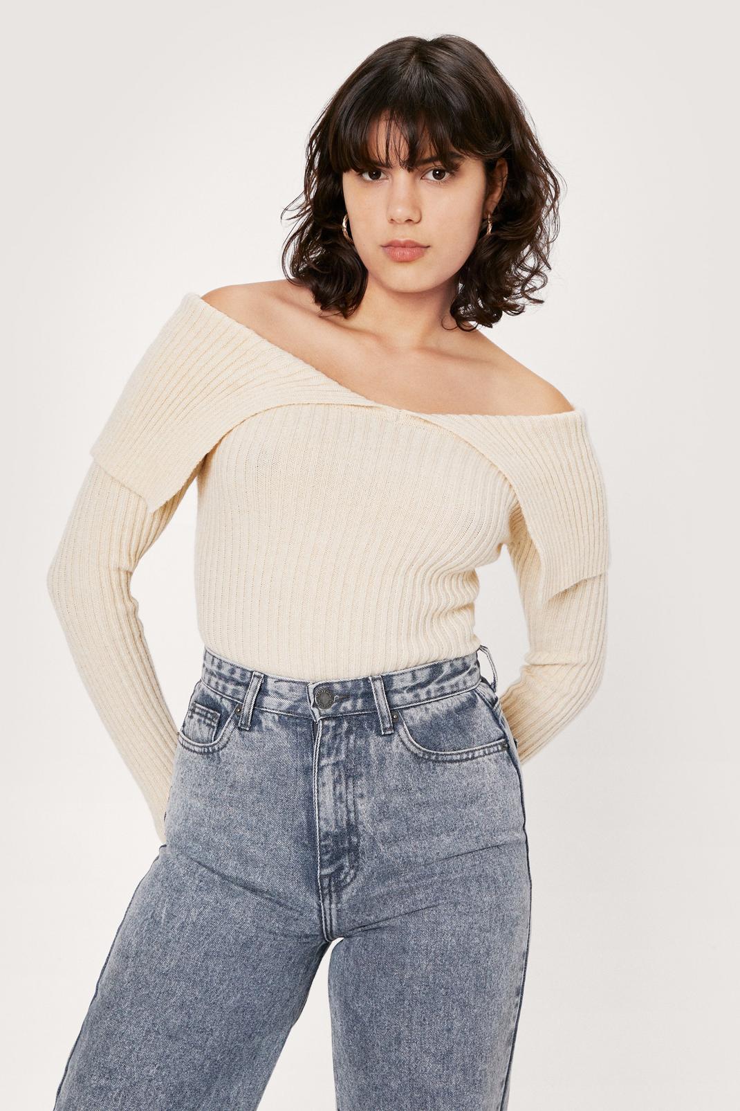 Stone Bardot Fold Over Ribbed Fitted Sweater image number 1