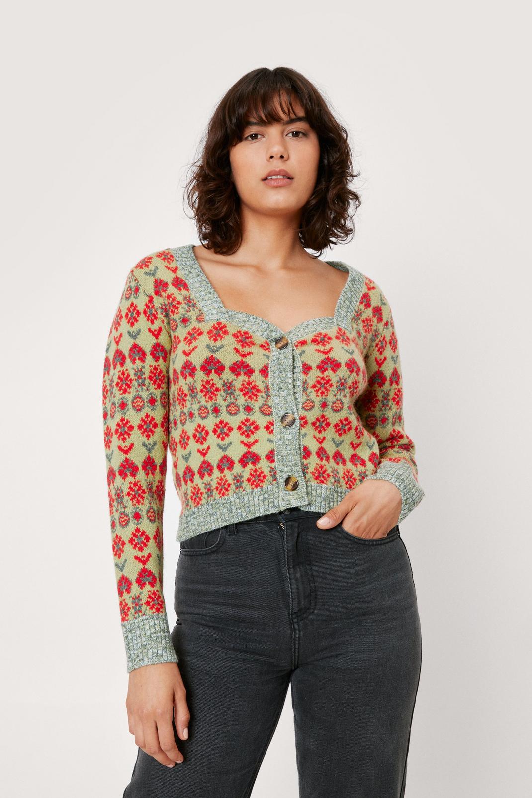 130 Floral Pattern Button Cropped Cardigan image number 2