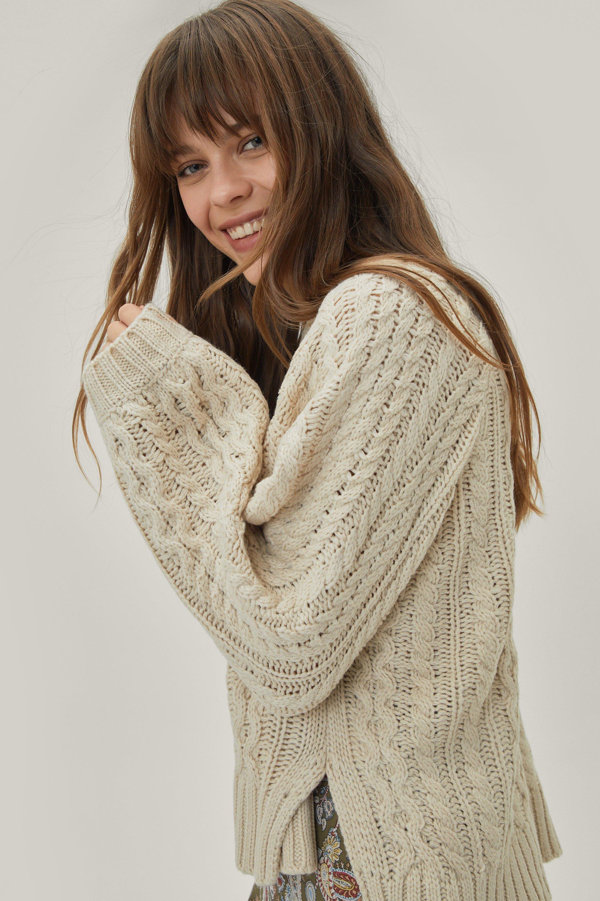 Oversized Cable Knit Crew Neck Sweater