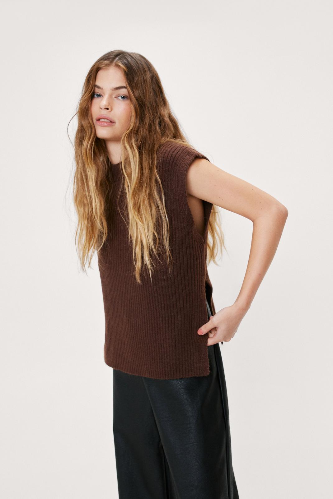 Chocolate Knitted Split Side Sleeveless Sweater Vest image number 1