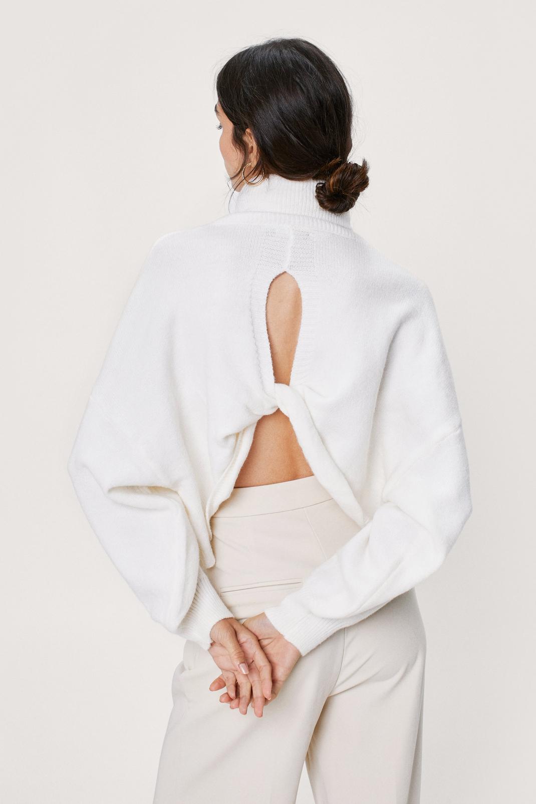White Tie Back High Neck Cropped Sweater image number 1