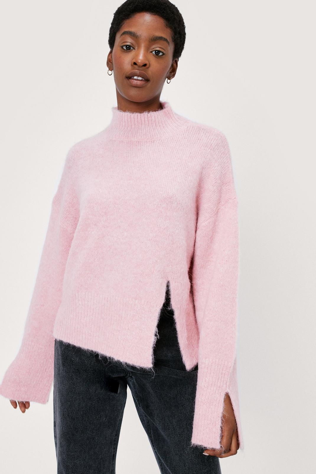 Pink Split Cuff And Hem Deep Rib Sweater image number 1