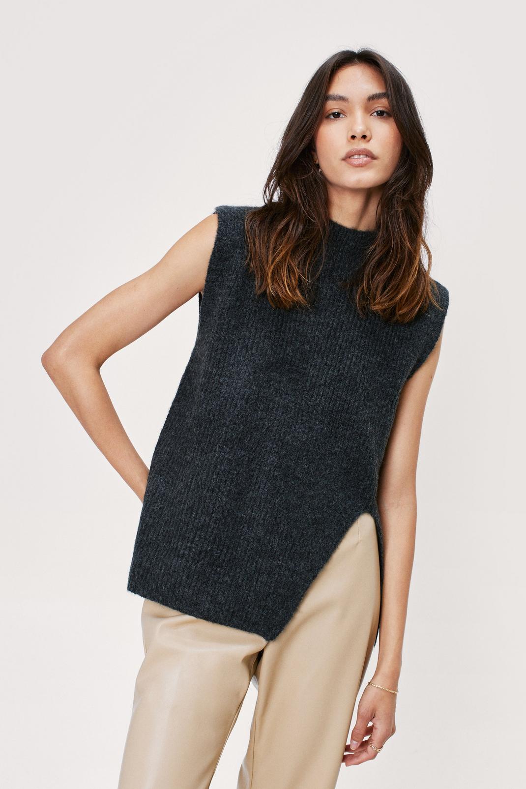 Charcoal Soft Knit Split Side Sleeveless Sweater Vest image number 1