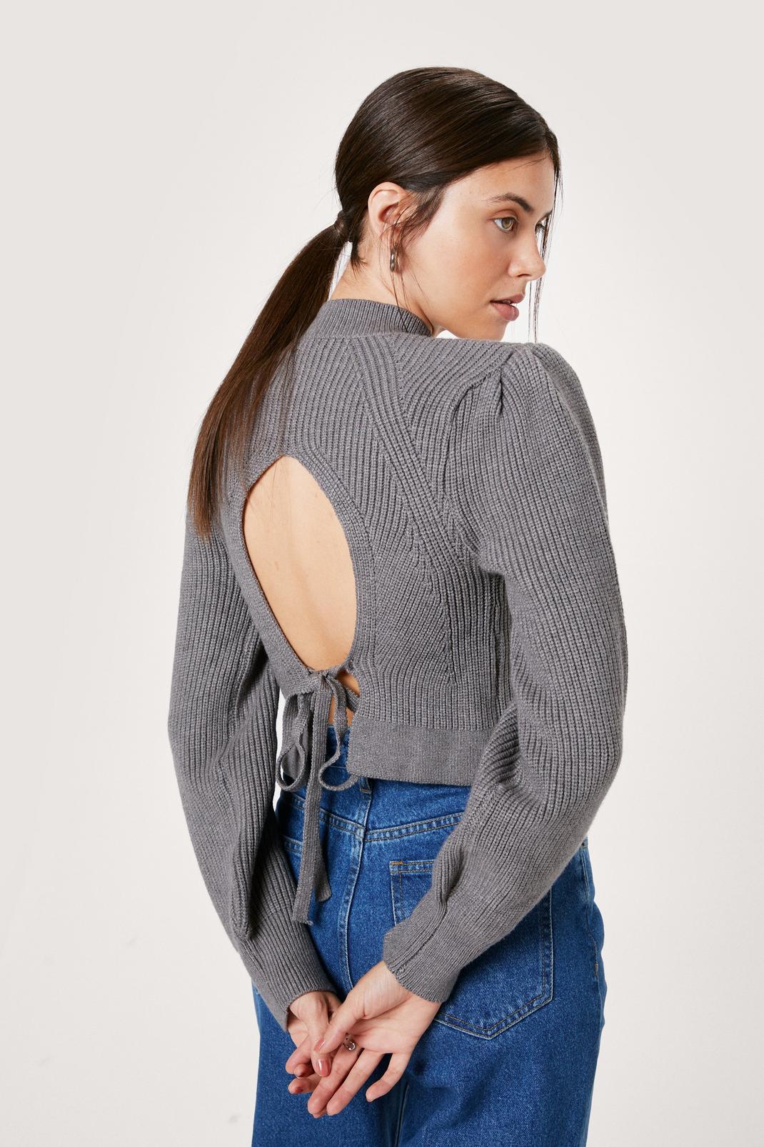 Grey Tie Back Balloon Sleeve Sweater image number 1