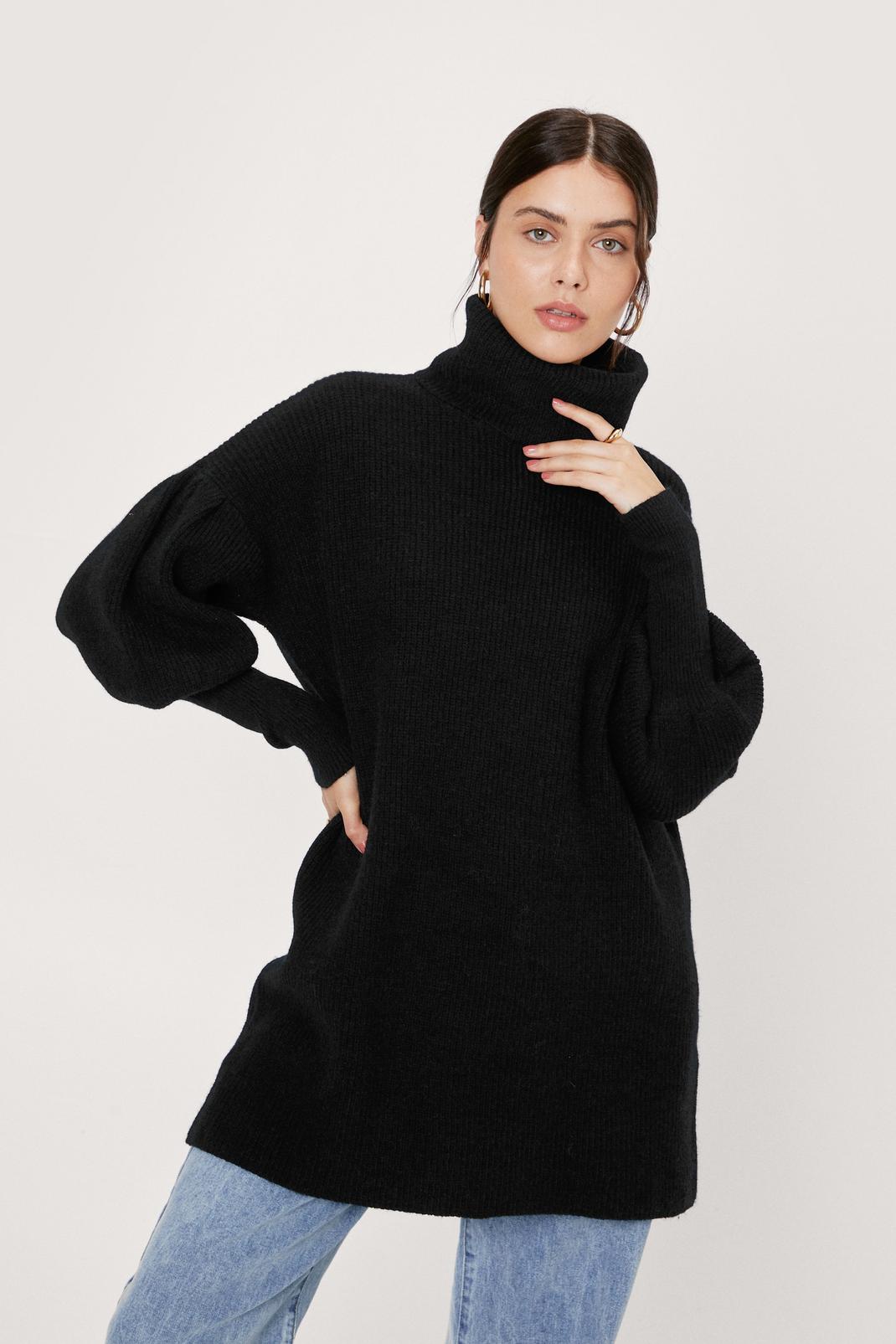 Black Longline Roll Neck Puff Sleeve Chunky Sweater image number 1
