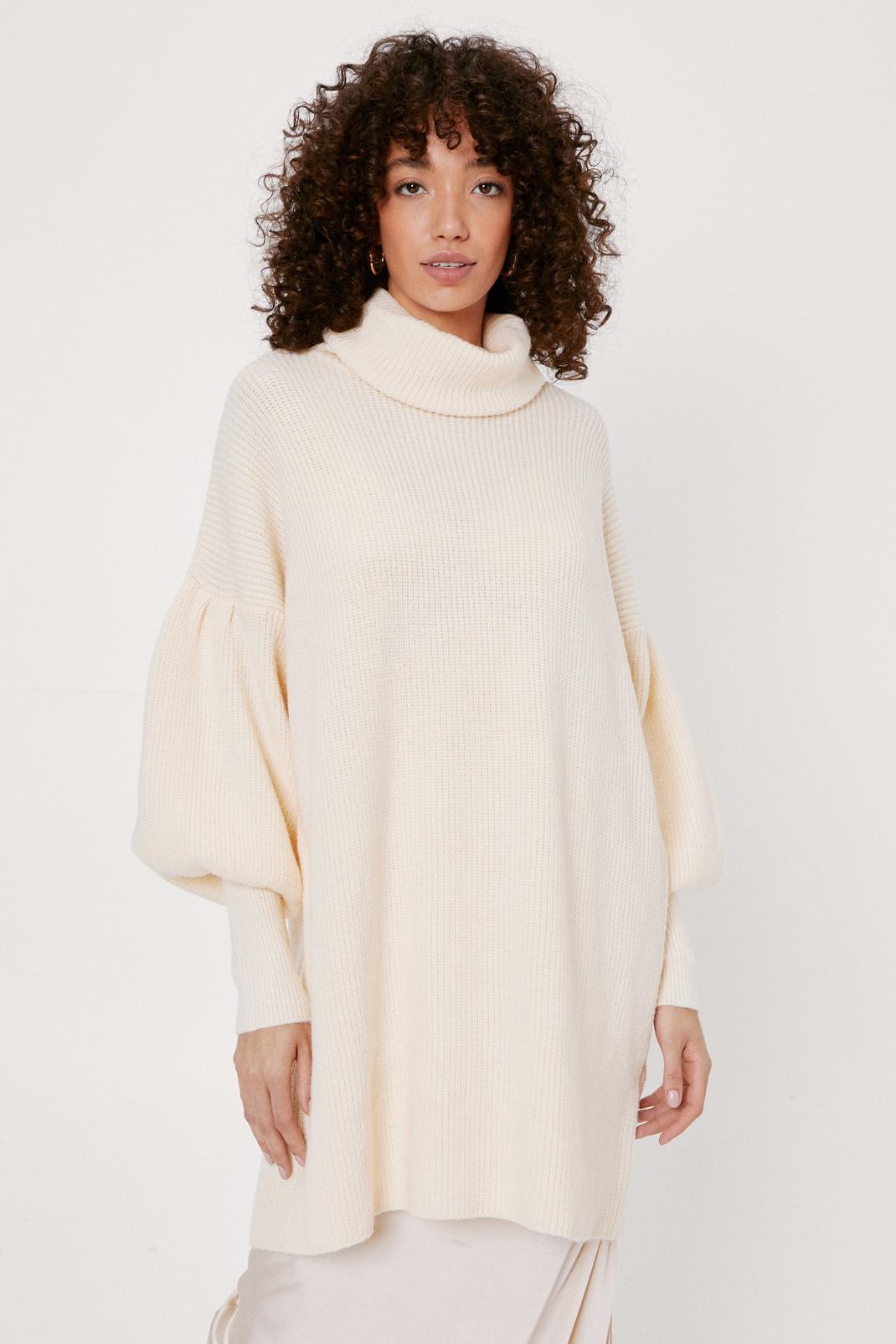 Oatmeal Longline Roll Neck Puff Sleeve Chunky Jumper image number 1