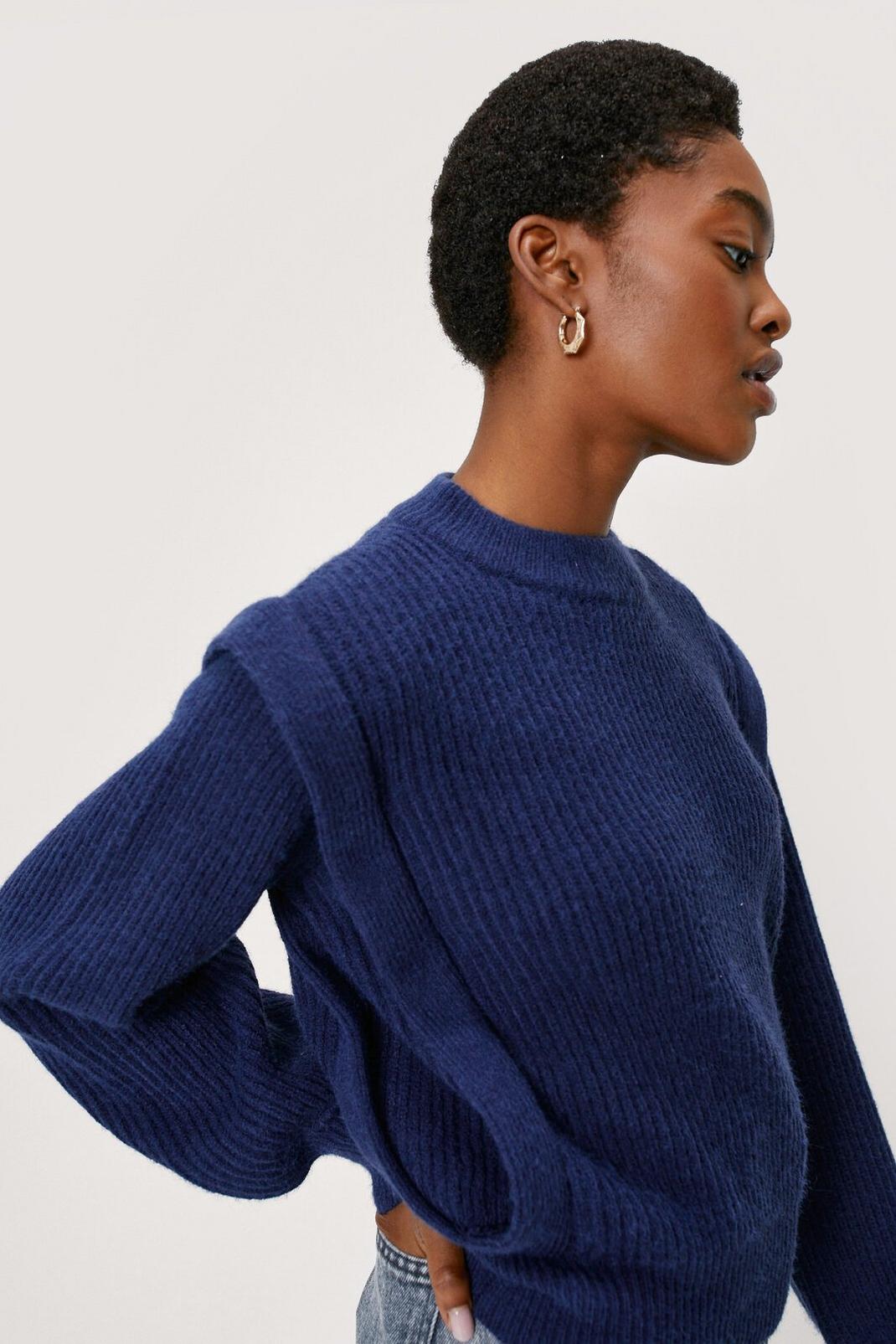 Blue Shoulder Tuck Puff Sleeve Sweater image number 1