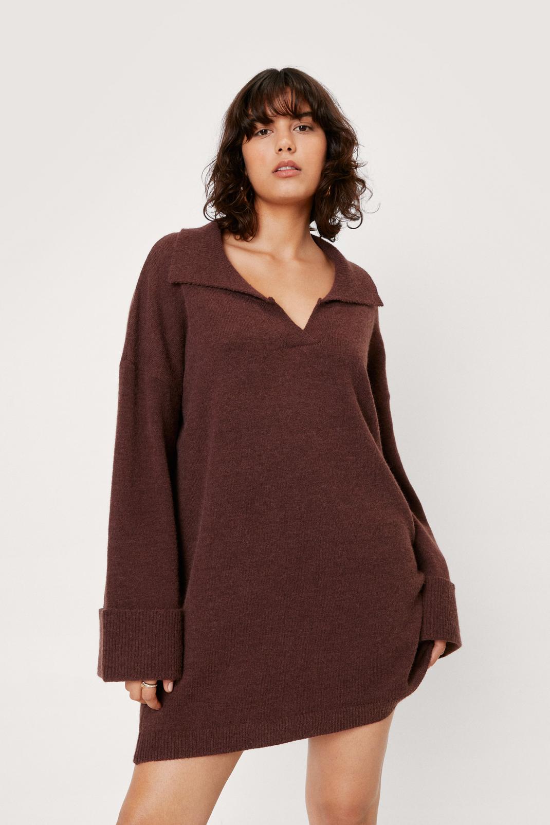 Chocolate Wide Sleeve V Neck Collar Knit Sweater Dress image number 1