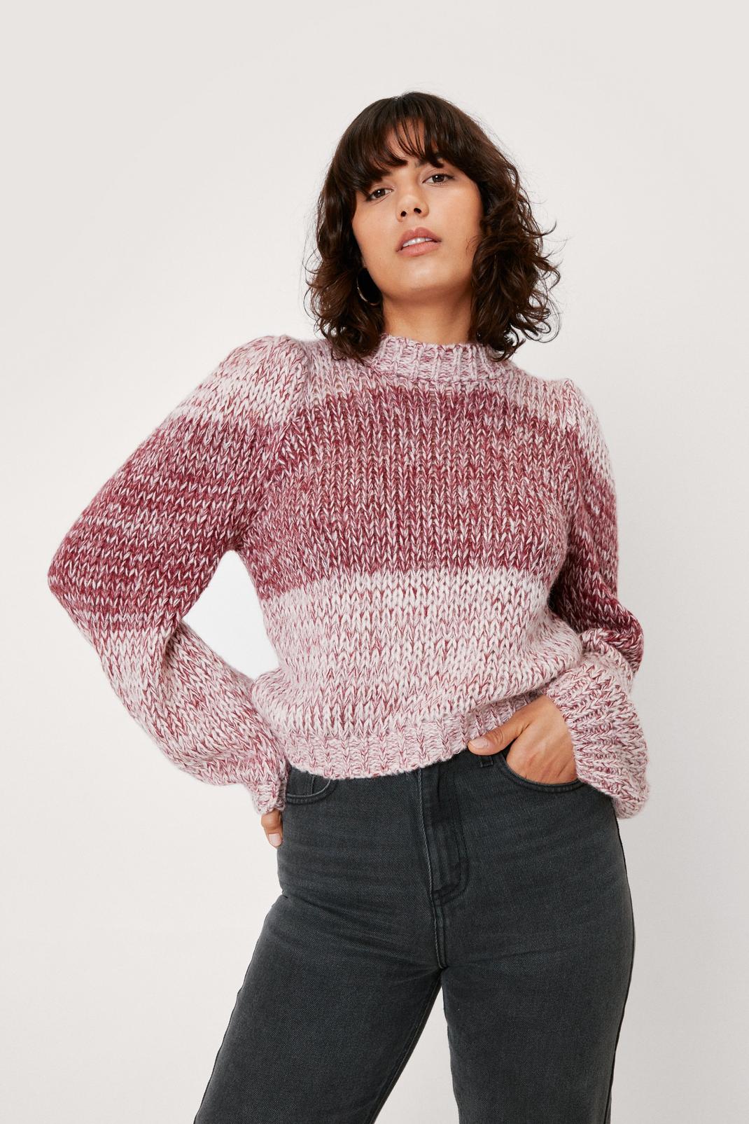 Mauve Striped Color Block Balloon Sleeve Sweater image number 1