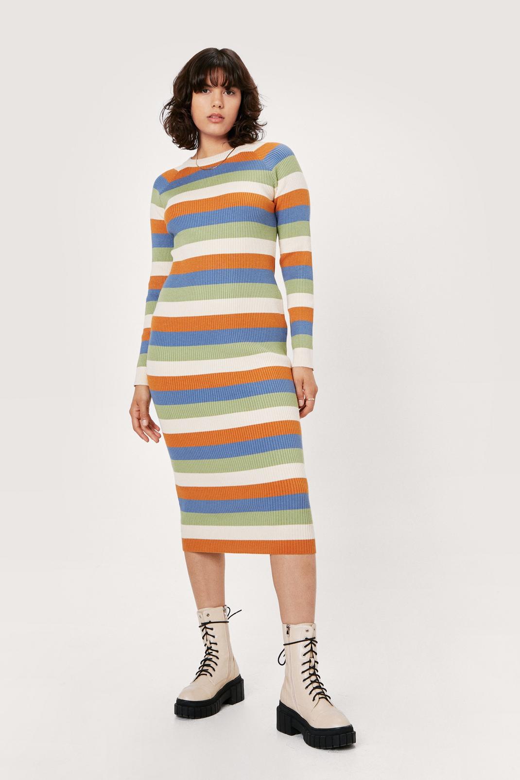 Striped Color Block Knitted Midi Dress image number 1