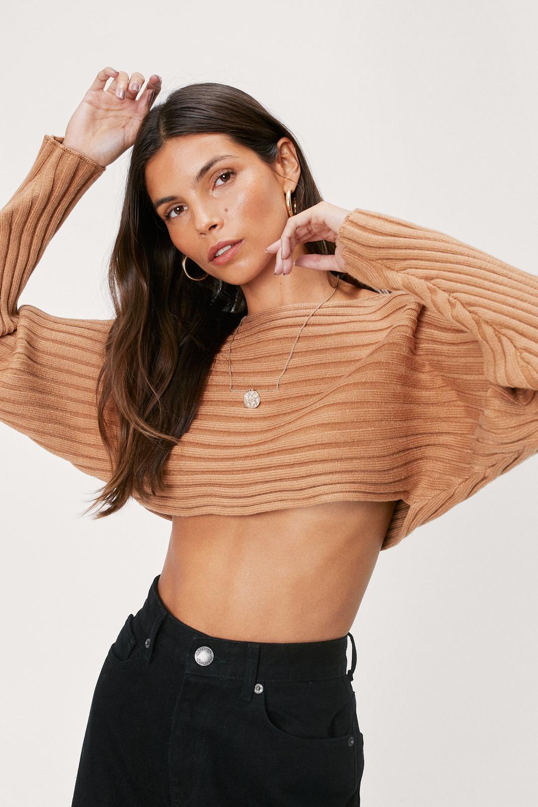 Chocolate Wide Ribbed Super Cropped Jumper image number 1