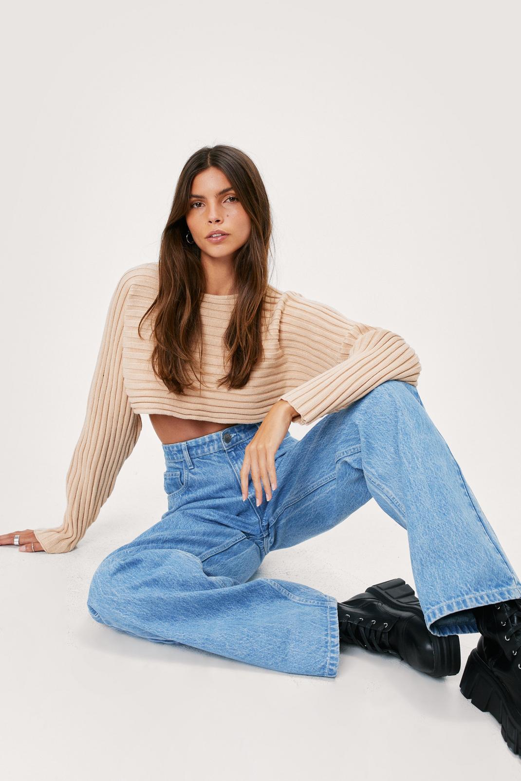 Oatmeal Wide Ribbed Super Cropped Sweater image number 1