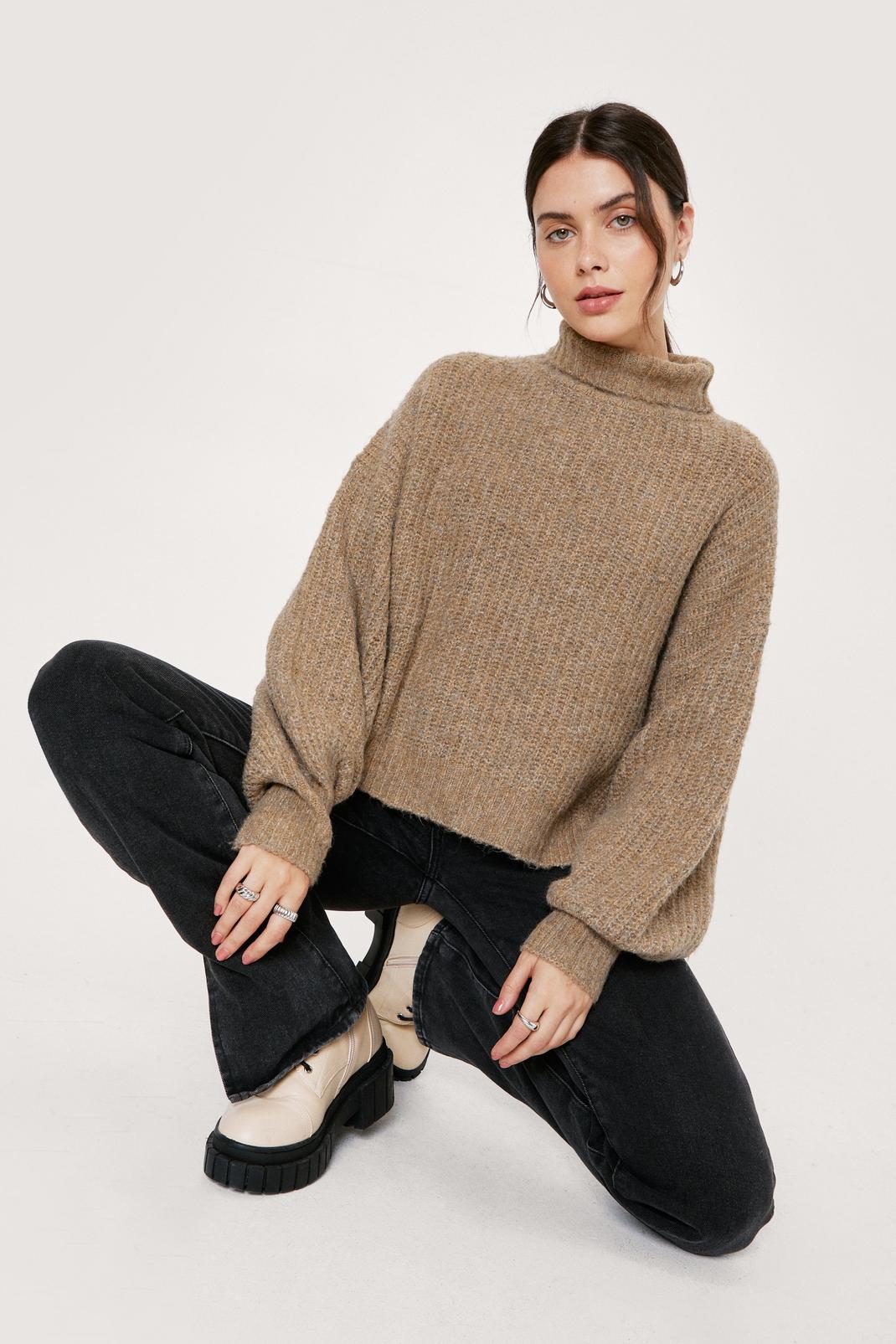 Oatmeal Soft Knit Roll Neck Balloon Sleeve Jumper image number 1