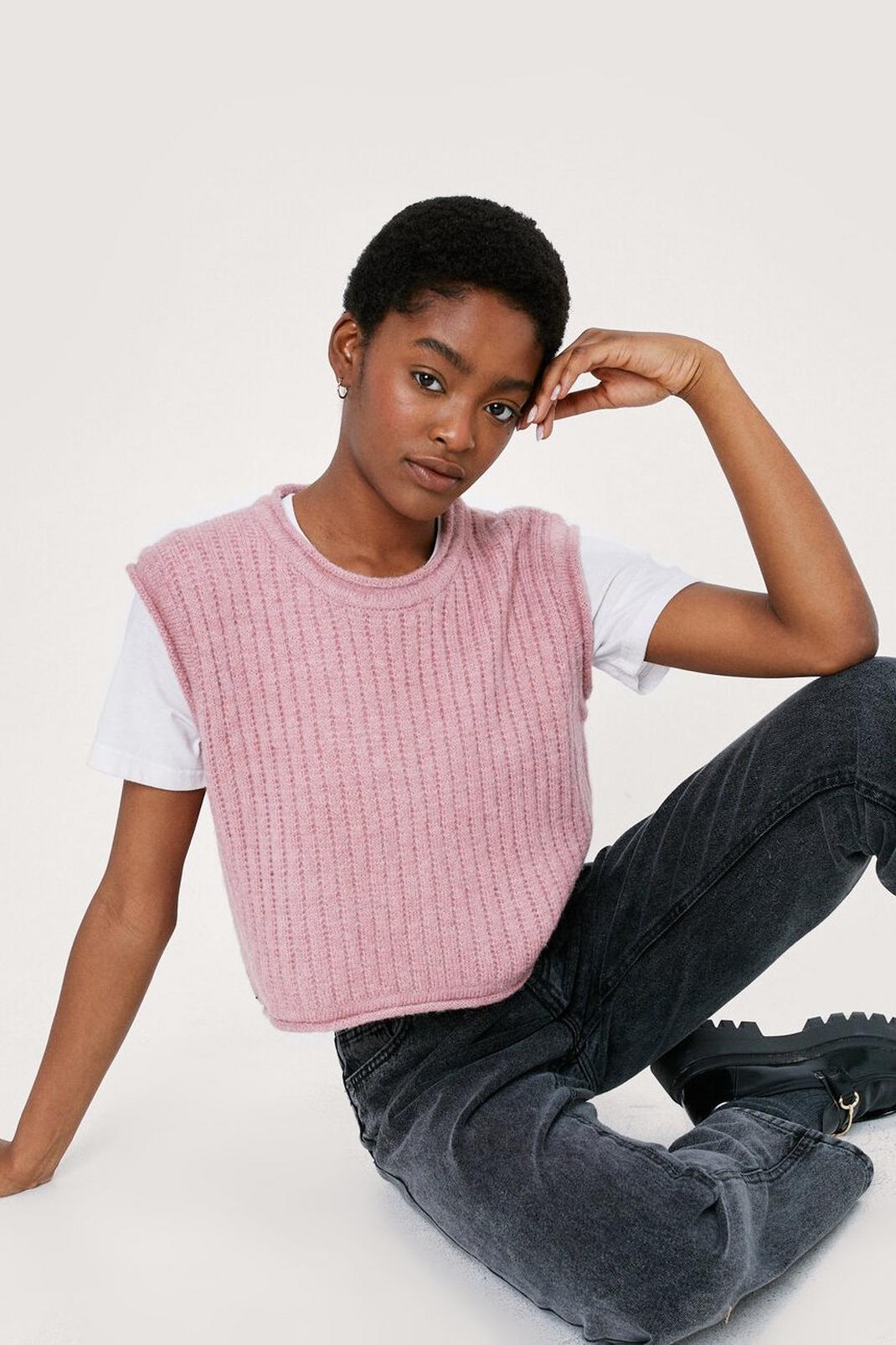 Pink Ribbed Knitted Cropped Sweater Vest image number 1