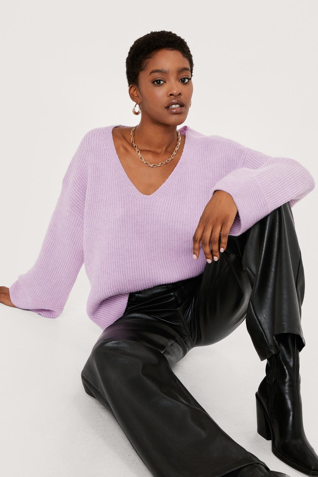 Lilac V Neck Ribbed Wide Sleeve Sweater image number 1