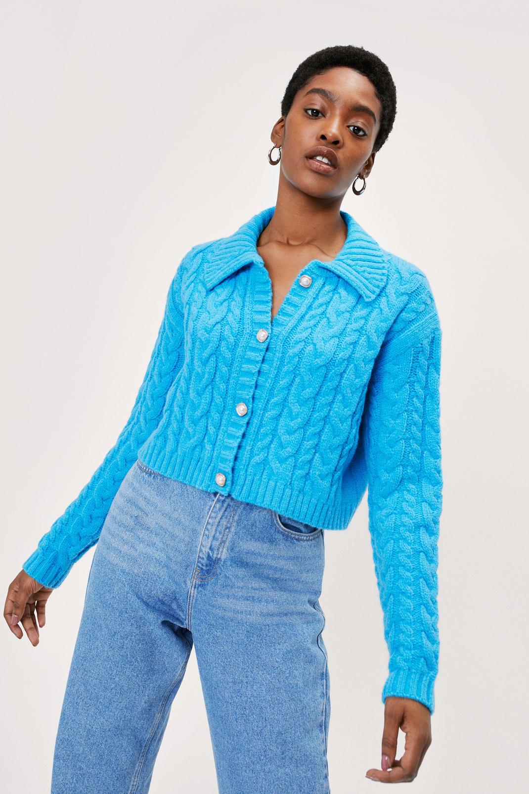 Blue Cable Diamante Button Front Collar Cardigan image number 1