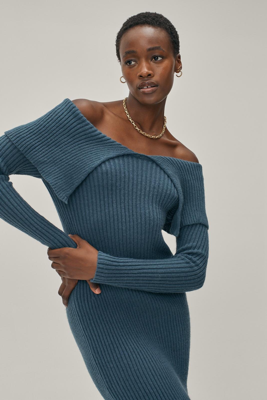 Blue Bardot Fold Over Ribbed Knitted Midi Dress image number 1