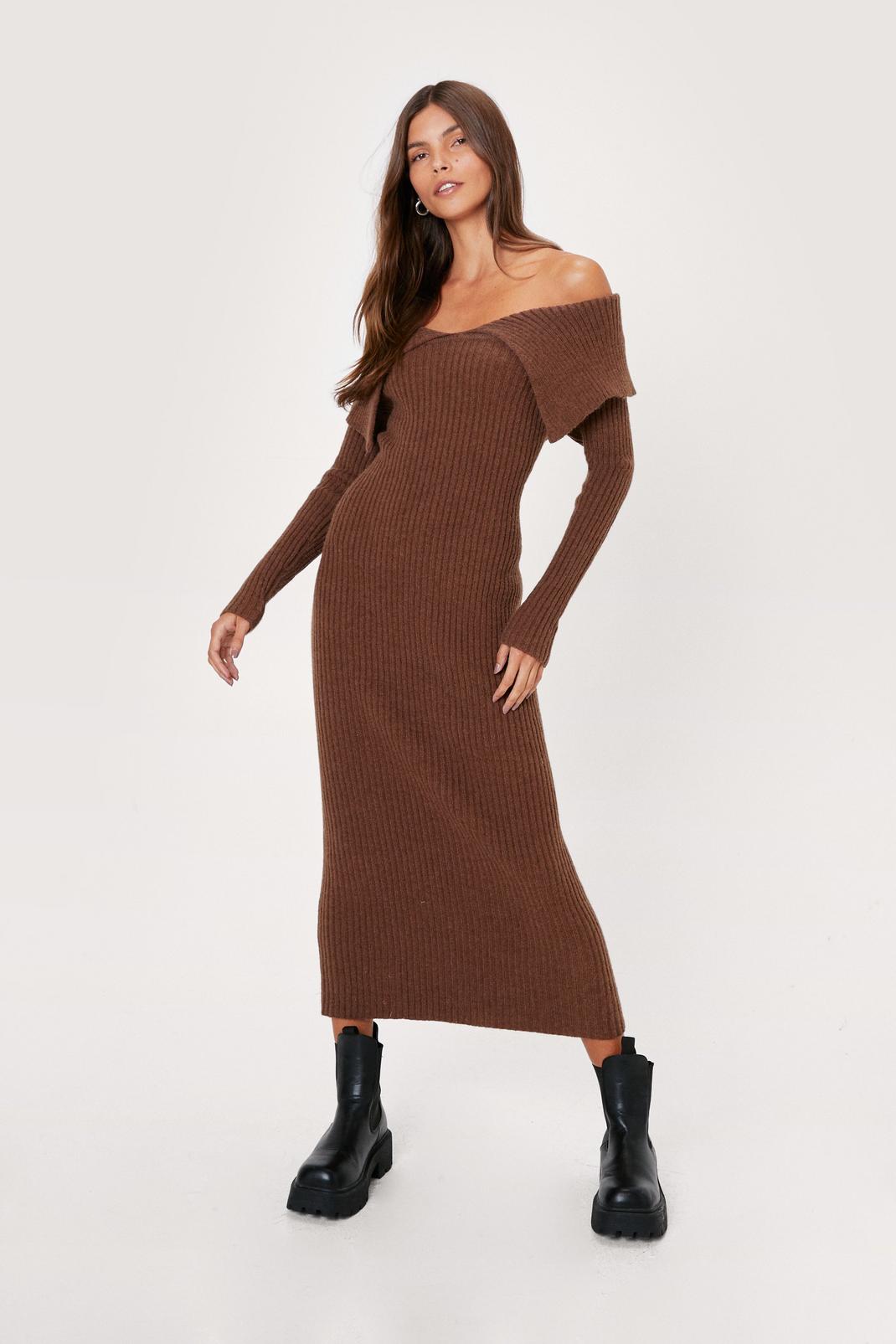 Chocolate Bardot Fold Over Ribbed Knitted Midi Dress image number 1