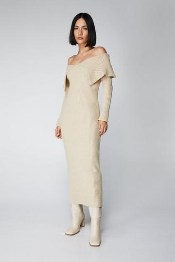 Bardot Fold Over Ribbed Knitted Midi Dress stone