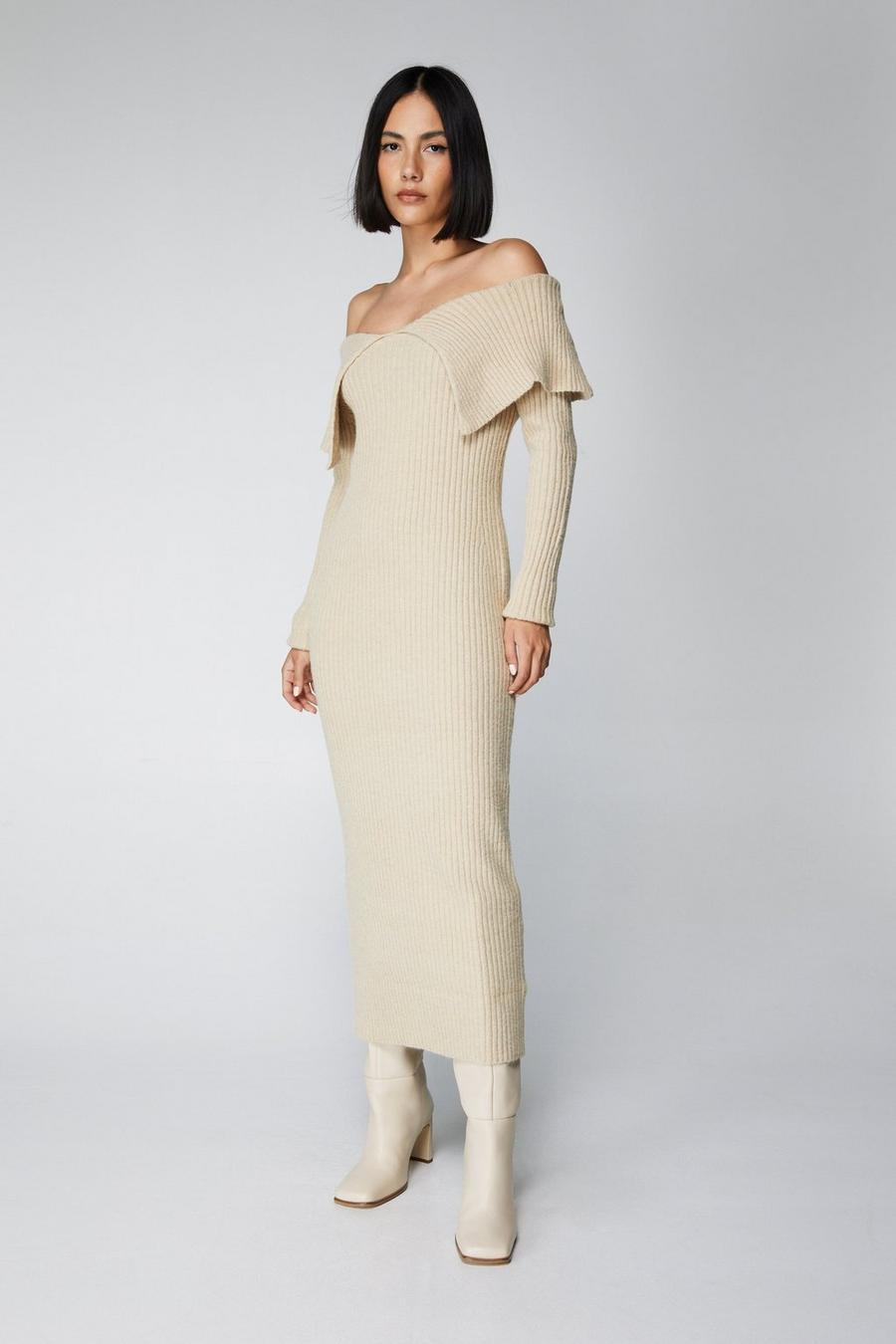 Off The Shoulder Fold Over Ribbed Knitted Midi Dress