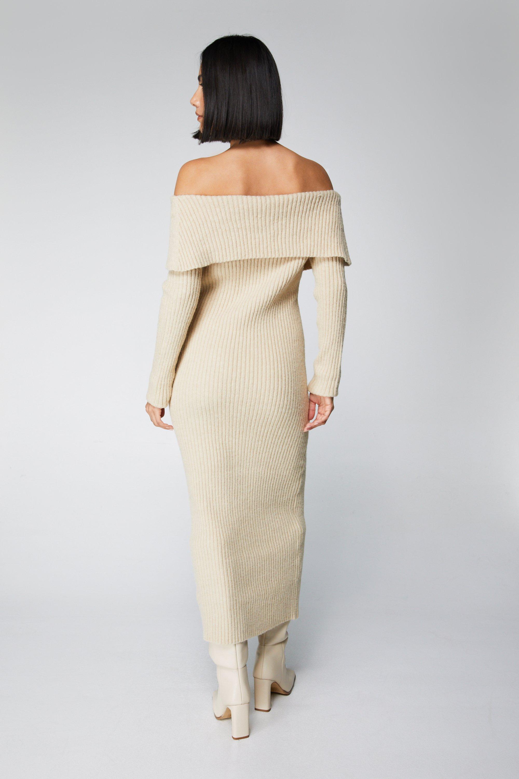 Bardot Fold Over Ribbed Knitted Midi Dress