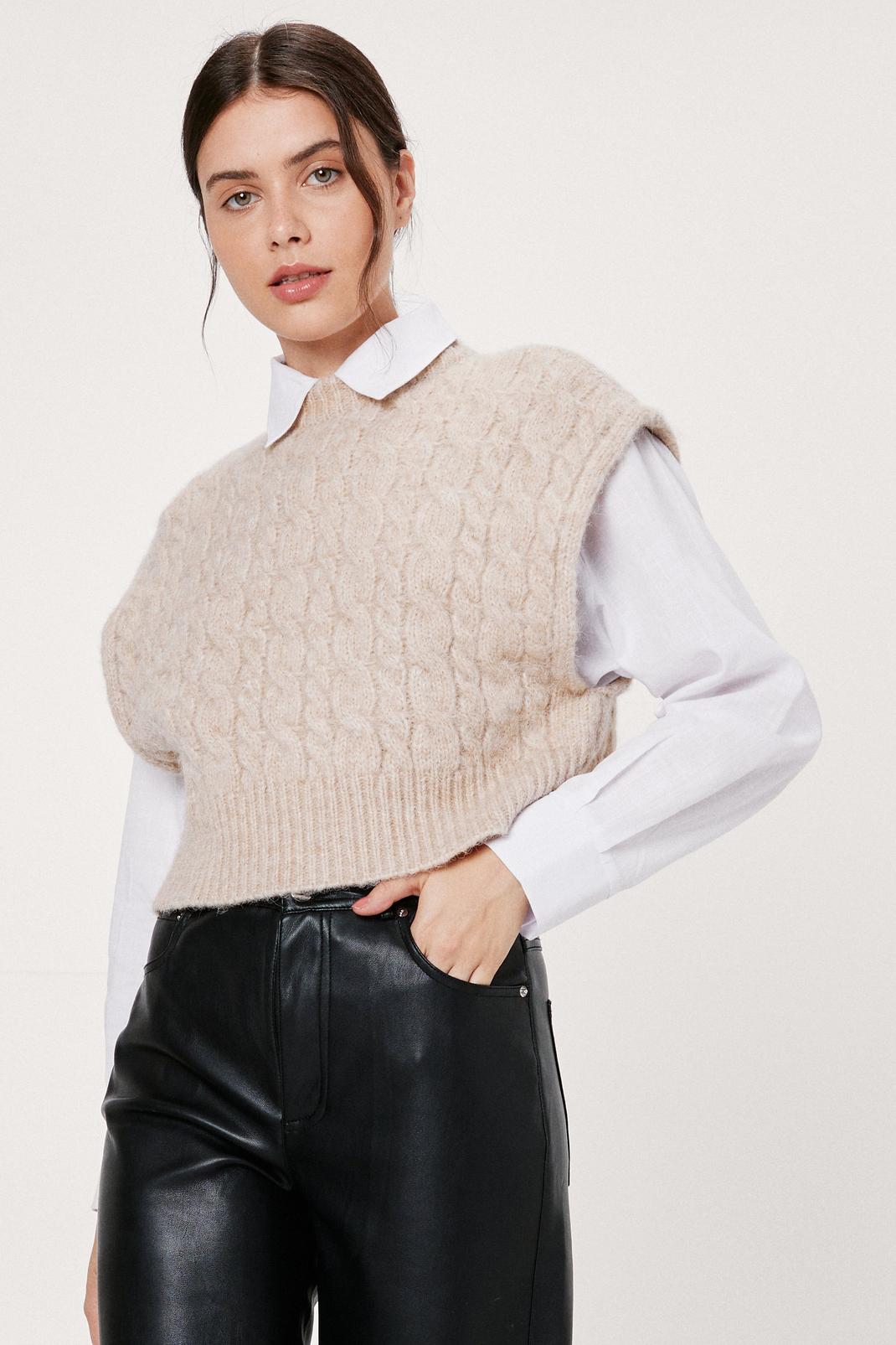 Light stone Chunky Cable Soft Knit Cropped Sweater Vest image number 1