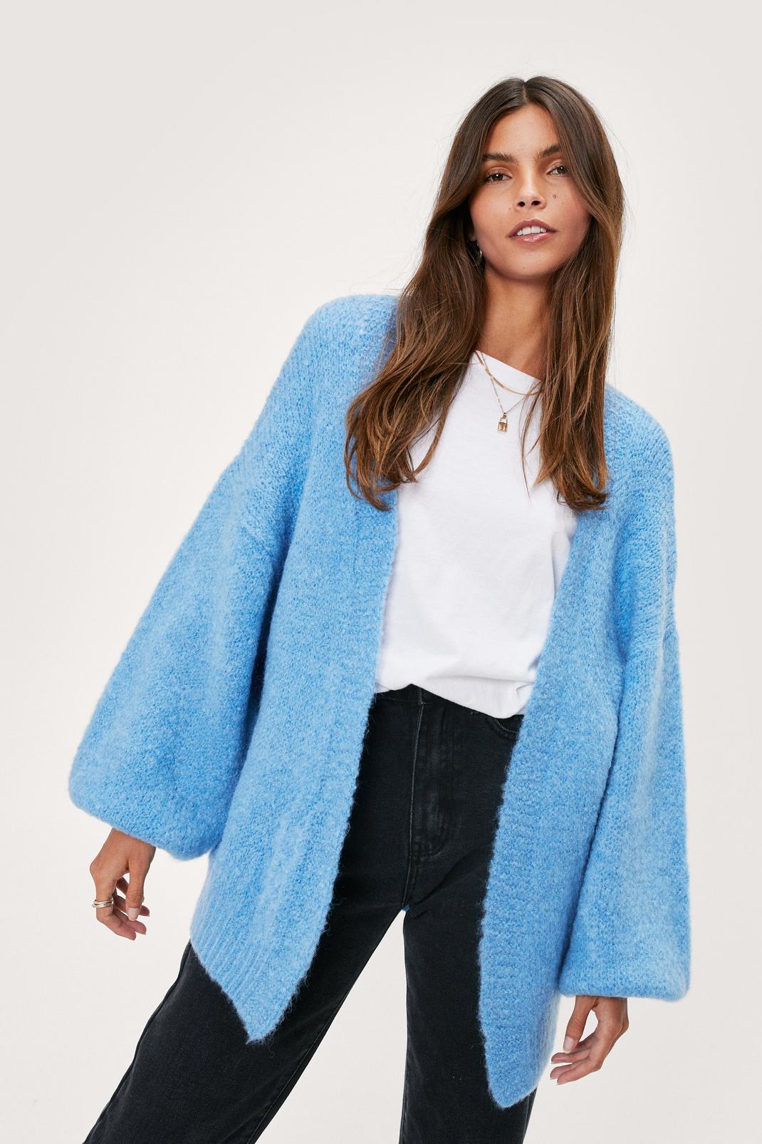 Blue Soft Knit Cosy Balloon Sleeve Cardigan image number 1