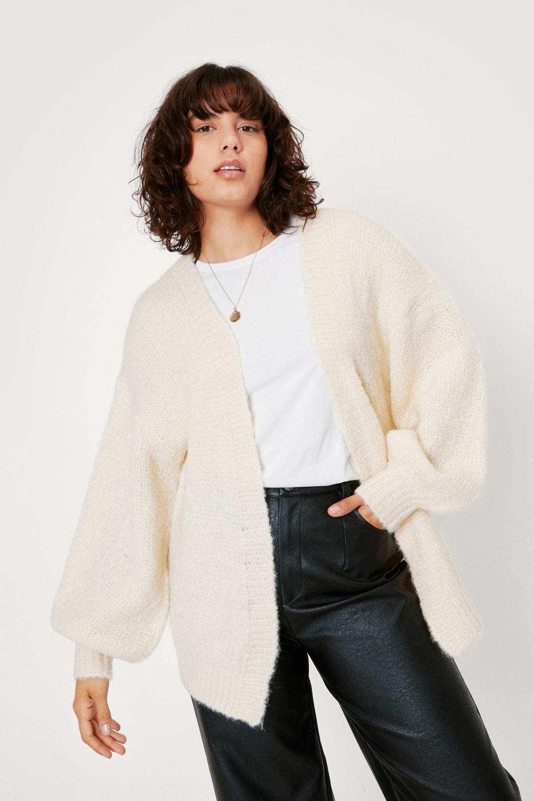 Cream Soft Knit Cosy Balloon Sleeve Cardigan image number 1