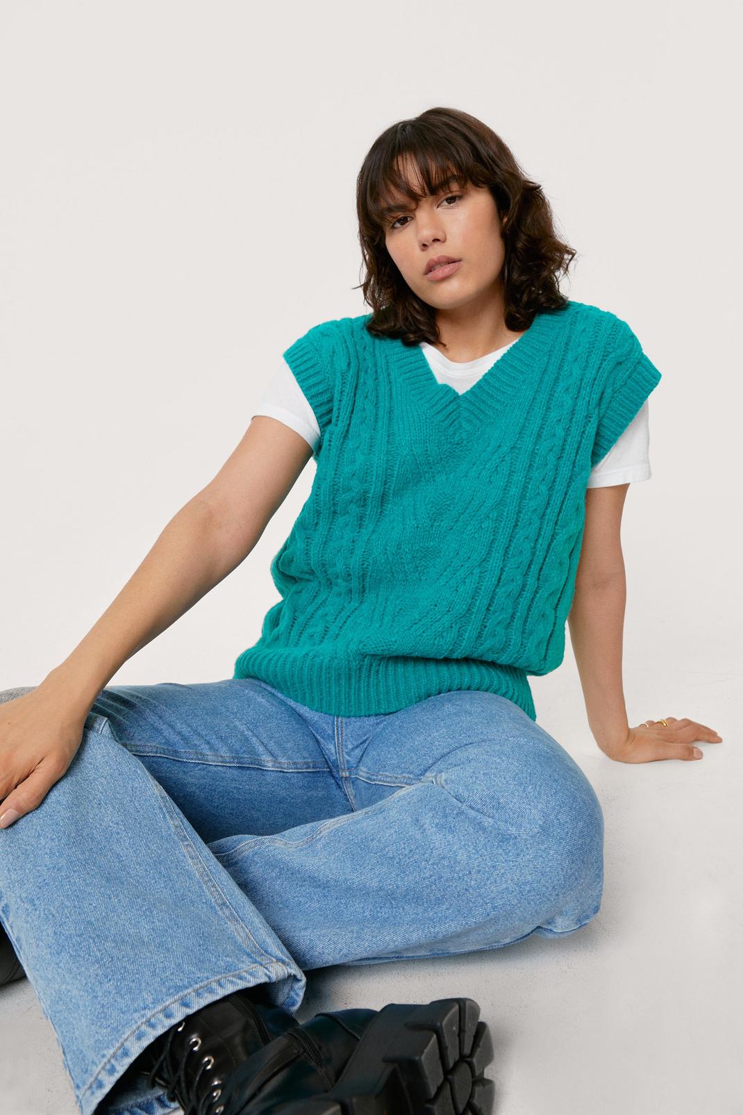 Teal Cable Chunky Sweater Vest image number 1