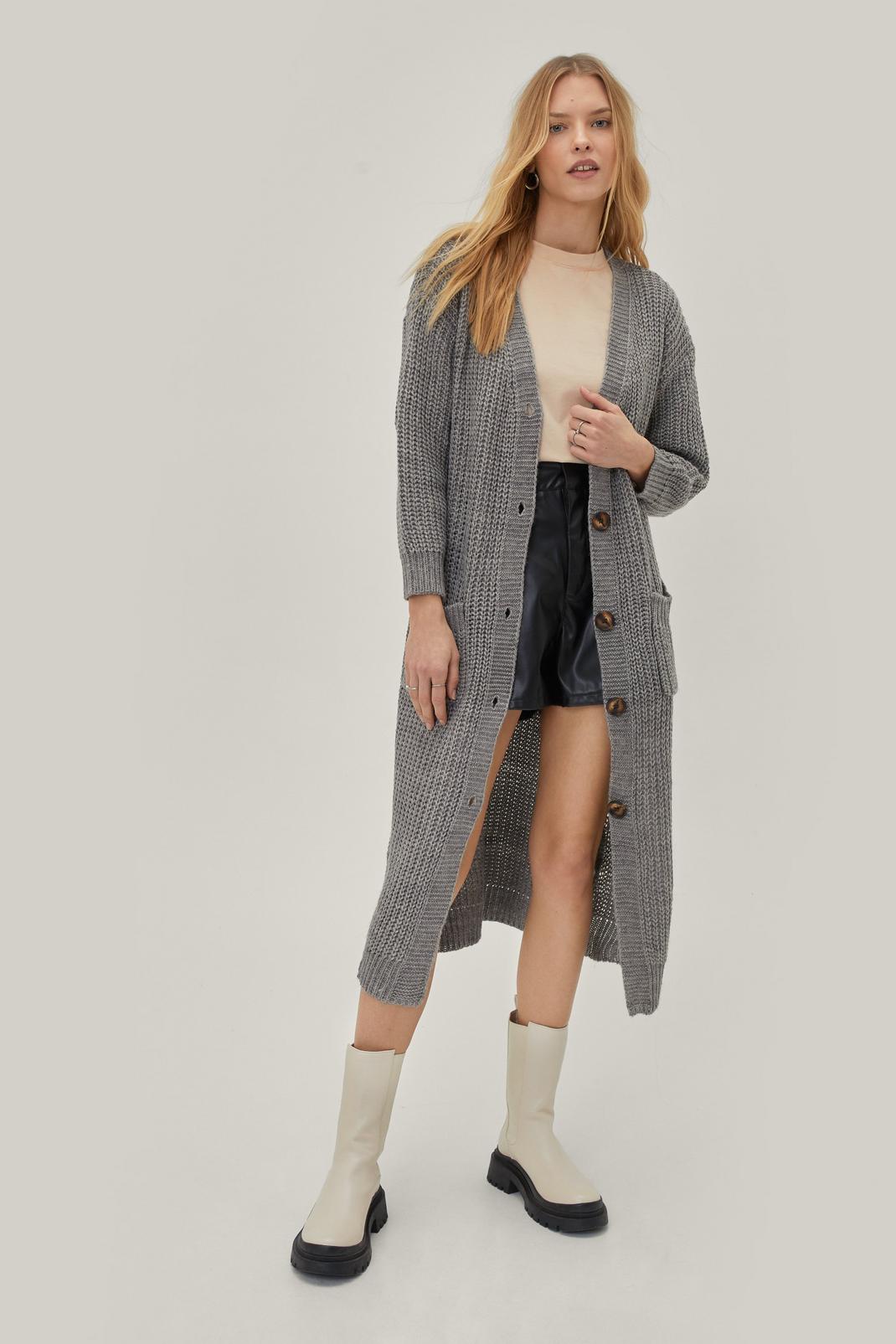Grey Chunky Knit Longline Button Down Cardigan image number 1
