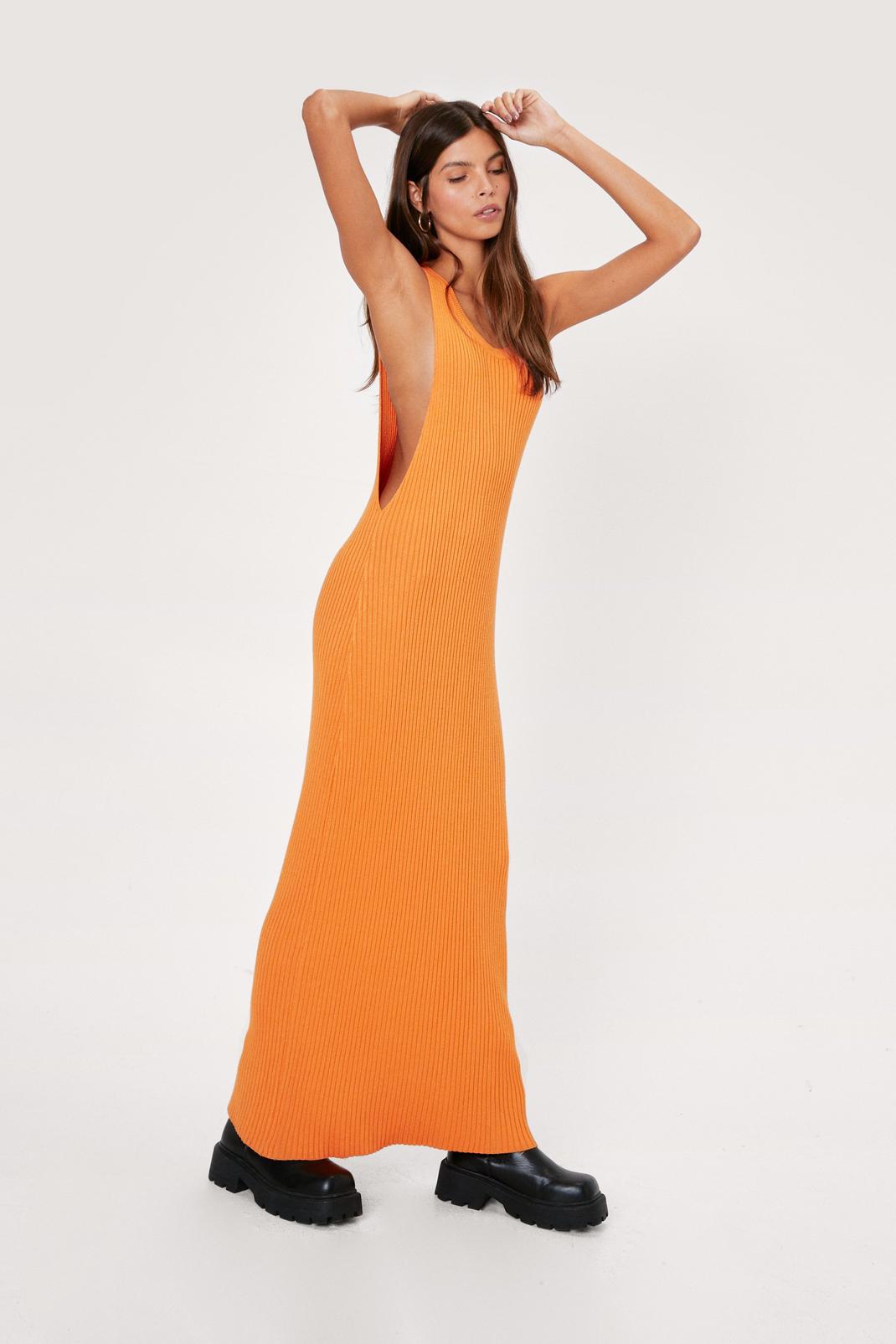 Orange Sleeveless Racer Ribbed Knitted Maxi Dress image number 1